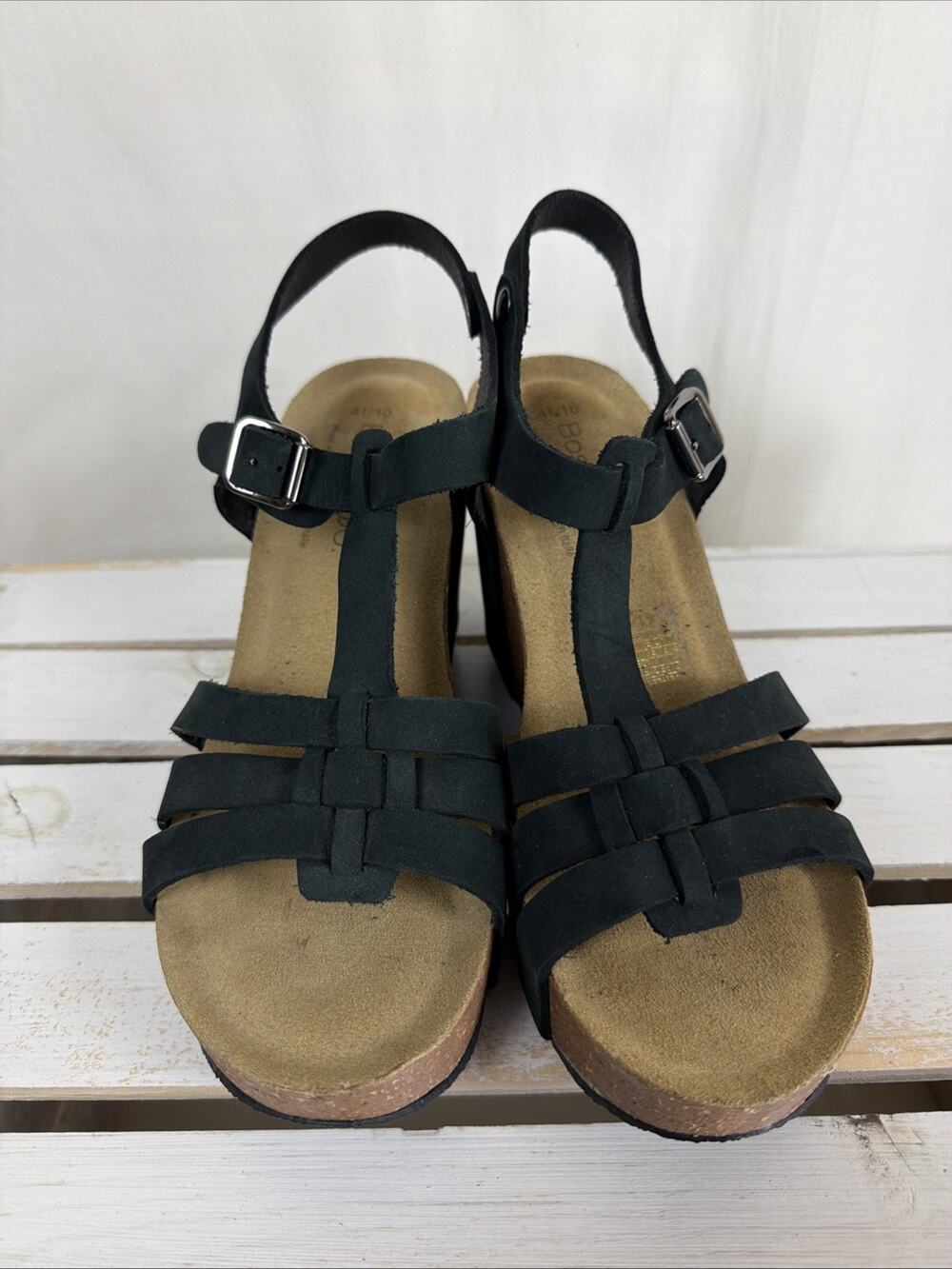 New NO Box Bos & Co Black Buckle Strappy Wedge Sandal #1049 Size EU 41
